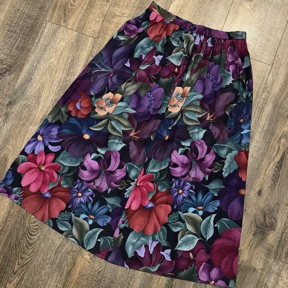 Vintage Alfred Dunner Midi Skirt Womens Sz 8 Bright Floral Dark Romantic USA‎